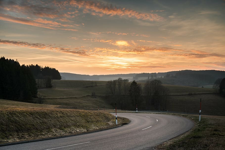 pathway leading to grass field near forest, sunset, sky, abendstimmung HD wallpaper
