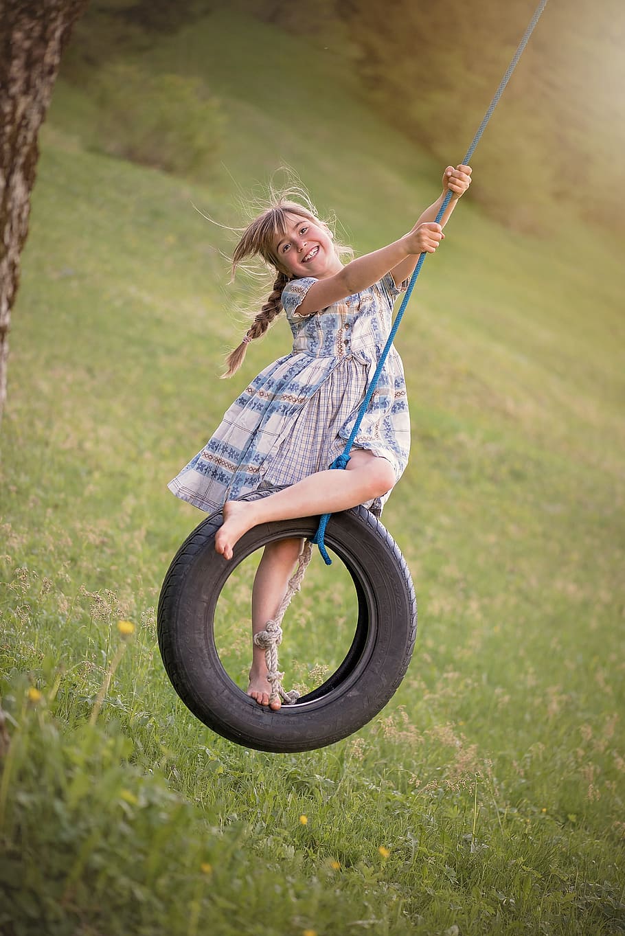 woman wearing blue and gray dress on rubber tire swing, person, HD wallpaper