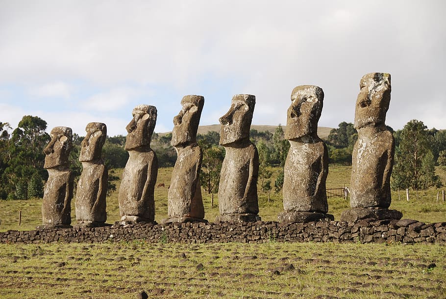 chile, easter island, sculpture, moai, mohais, travel, sky, HD wallpaper