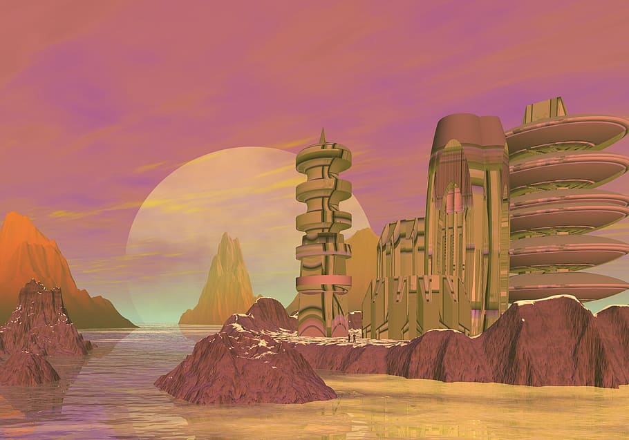 planet, rocks, city, base, fiction, blue, blue sky, ocean, snow HD wallpaper