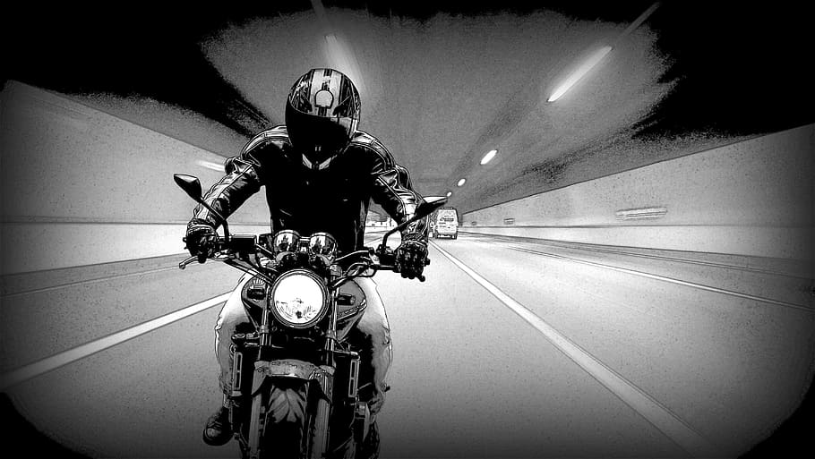 person on motorcycle black and white illustration, motor bike