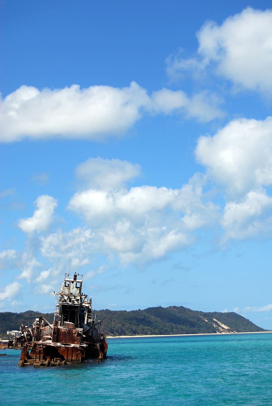 wreck, ship, reef, clear, island, sea, tropical, water, beach HD wallpaper