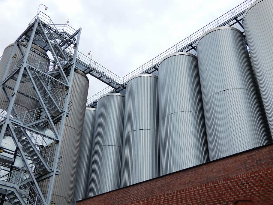 low angle photography of factory equipment, brewery, tychy, vats, HD wallpaper