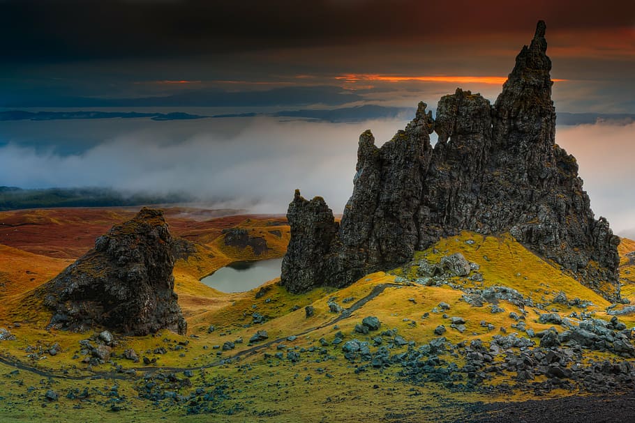 rock formation beside body of water, cliff, scotland, isle of skye, HD wallpaper