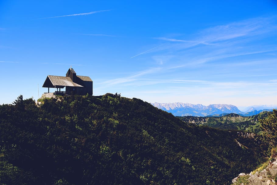 mountain, sky, horizon, hut, outlook, panorama, nature, blue HD wallpaper
