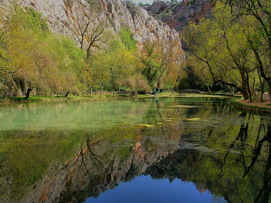 spain, river, water, trees, scenic, reflections, mountains HD wallpaper