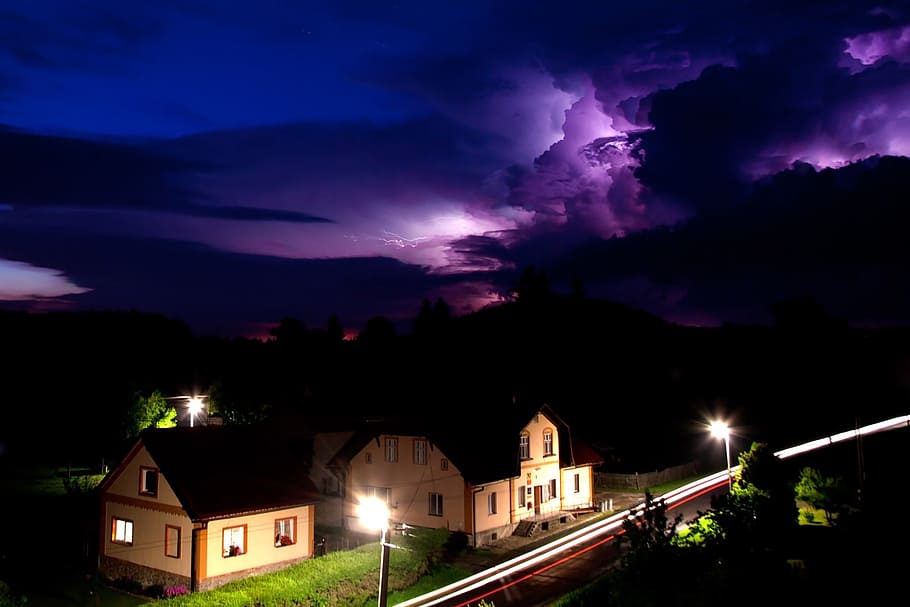 photography of black house, bolt, cloud, danger, dramatic, electricity HD wallpaper
