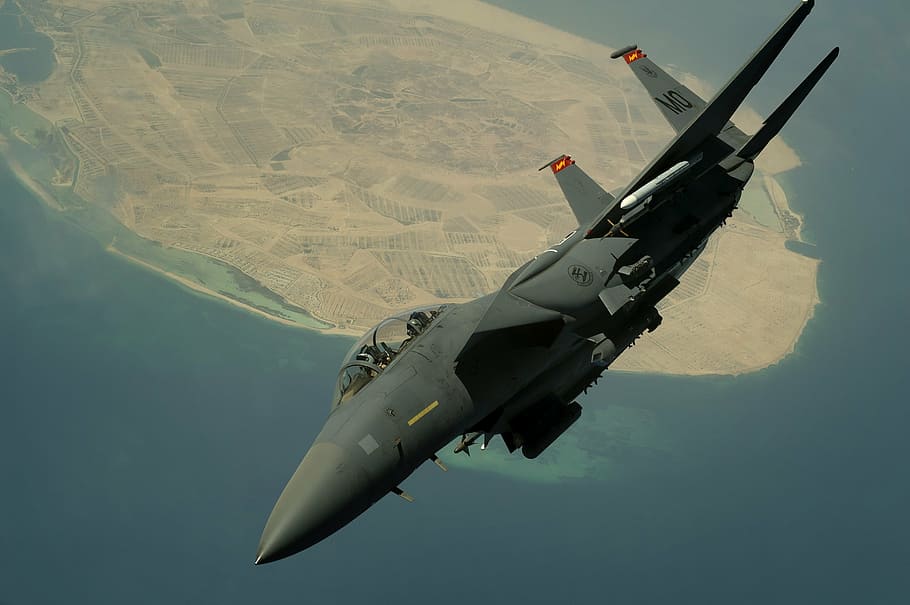 gray jet fighter, military jet, flight, flying, f-15, airplane, HD wallpaper