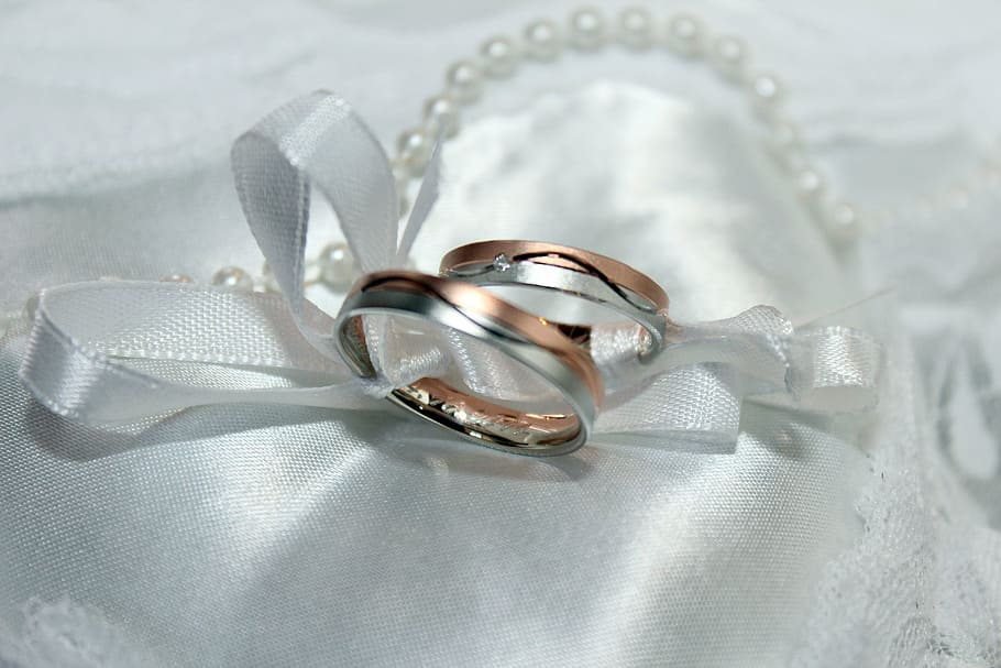 silver-colored wedding rings tied with ribbon, marriage, gold ring