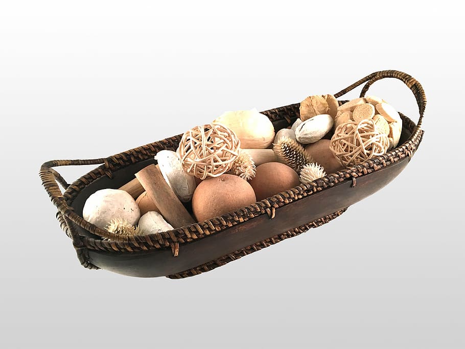 basket, objects, brown, round, combination, white background HD wallpaper