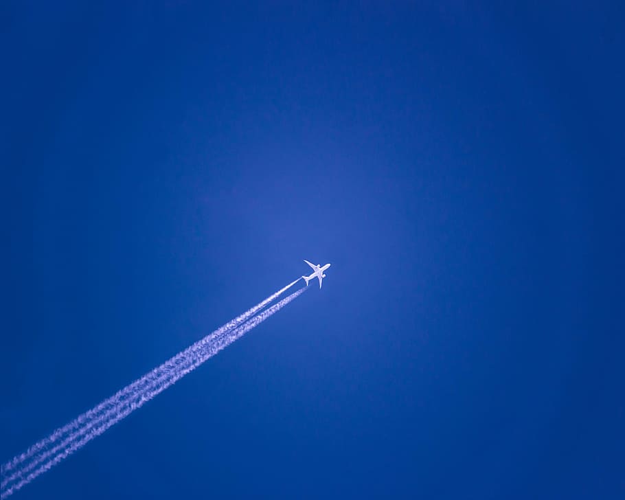 flying white jet, sky, blue, plane, smoke, trail, airplane, wing