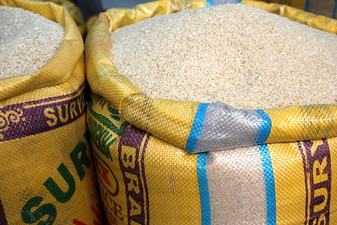 rice inside yellow sack, bag, china, retail, close-up, market HD wallpaper