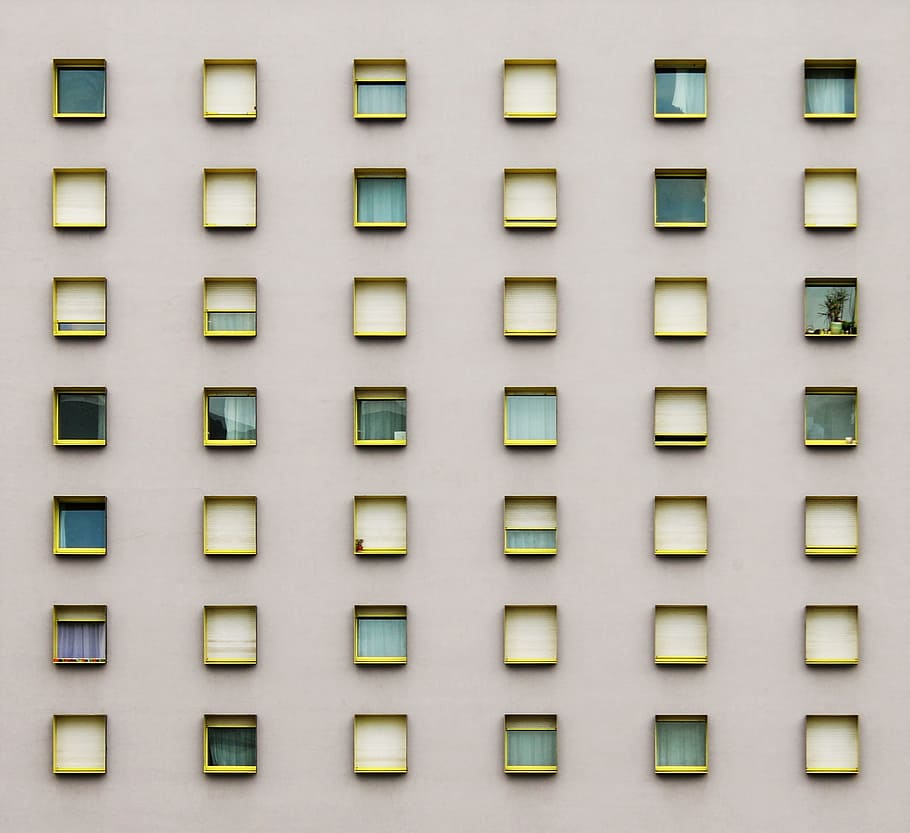 assorted windows on gray wall, building, pattern, modern, architecture HD wallpaper