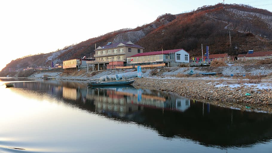 yalu river, north korea, shadow, water, architecture, built structure, HD wallpaper