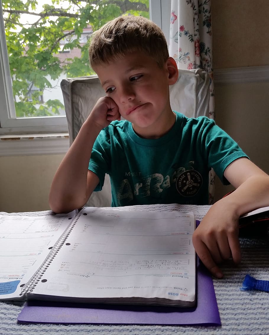 boy wearing green shirt sitting in front of table and spiral notebook HD wallpaper