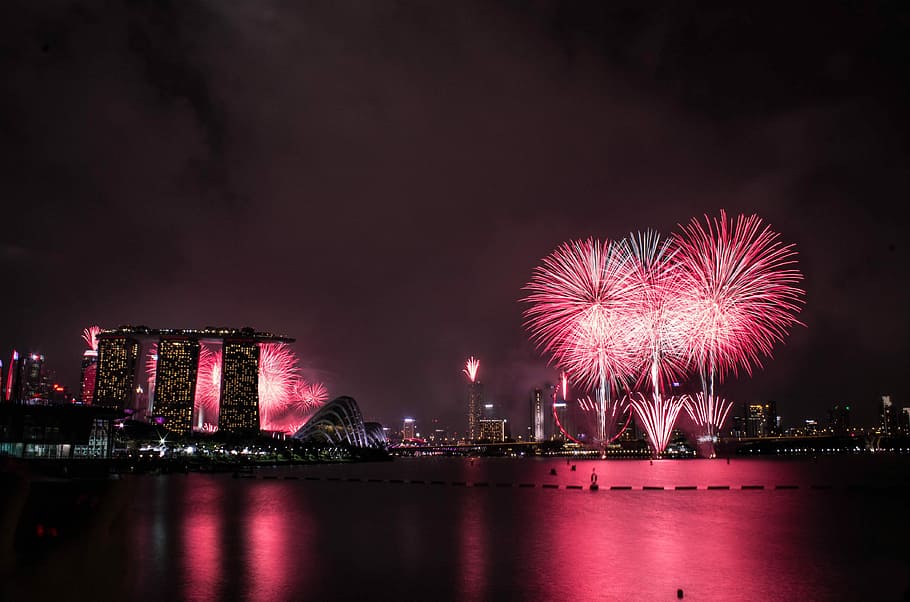 Marina Bay Sands, Singapore during nighttime, fireworks display on Mariana bay HD wallpaper