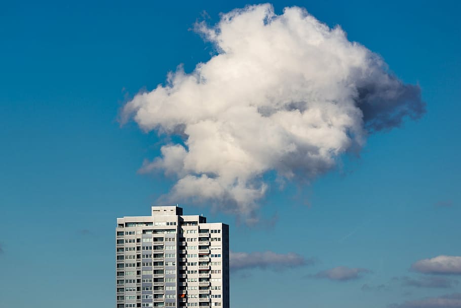 skyscraper, cloud, blue, landscape, blue sky, clouds form, architecture HD wallpaper