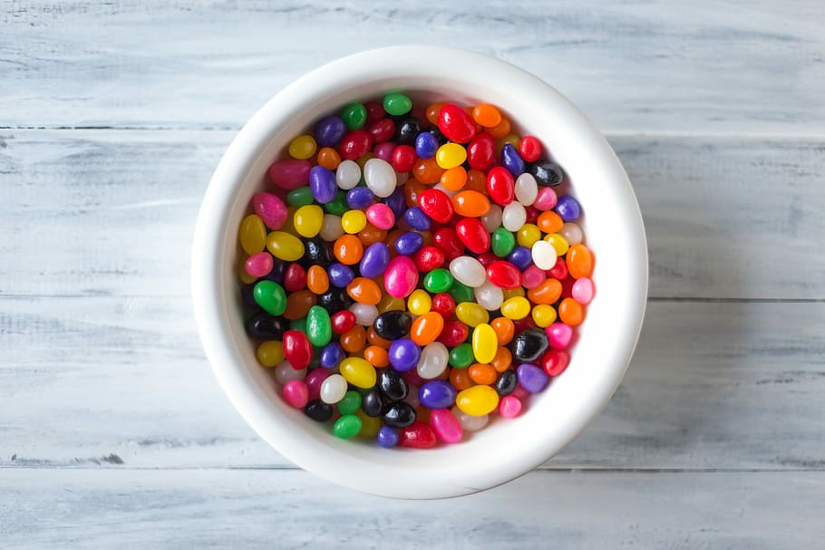 assorted flavors of jelly beans, round white ceramic bowl, colors, HD wallpaper