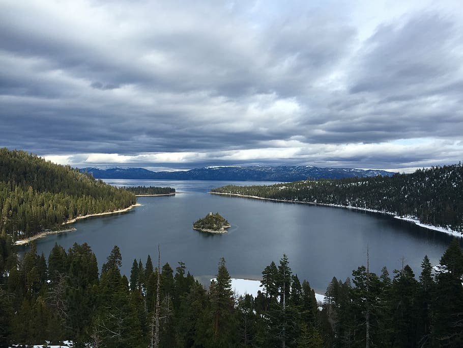 aforestation, clouds, lake, Lake Tahoe, nature, pines, trees, HD wallpaper