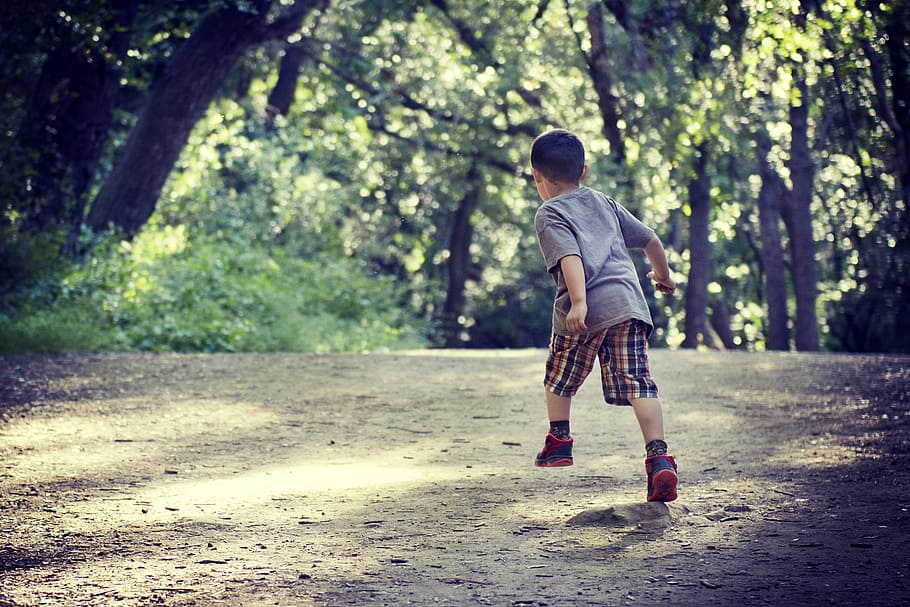 boy hopping on sand, boy running towards green tree, kid, playing HD wallpaper