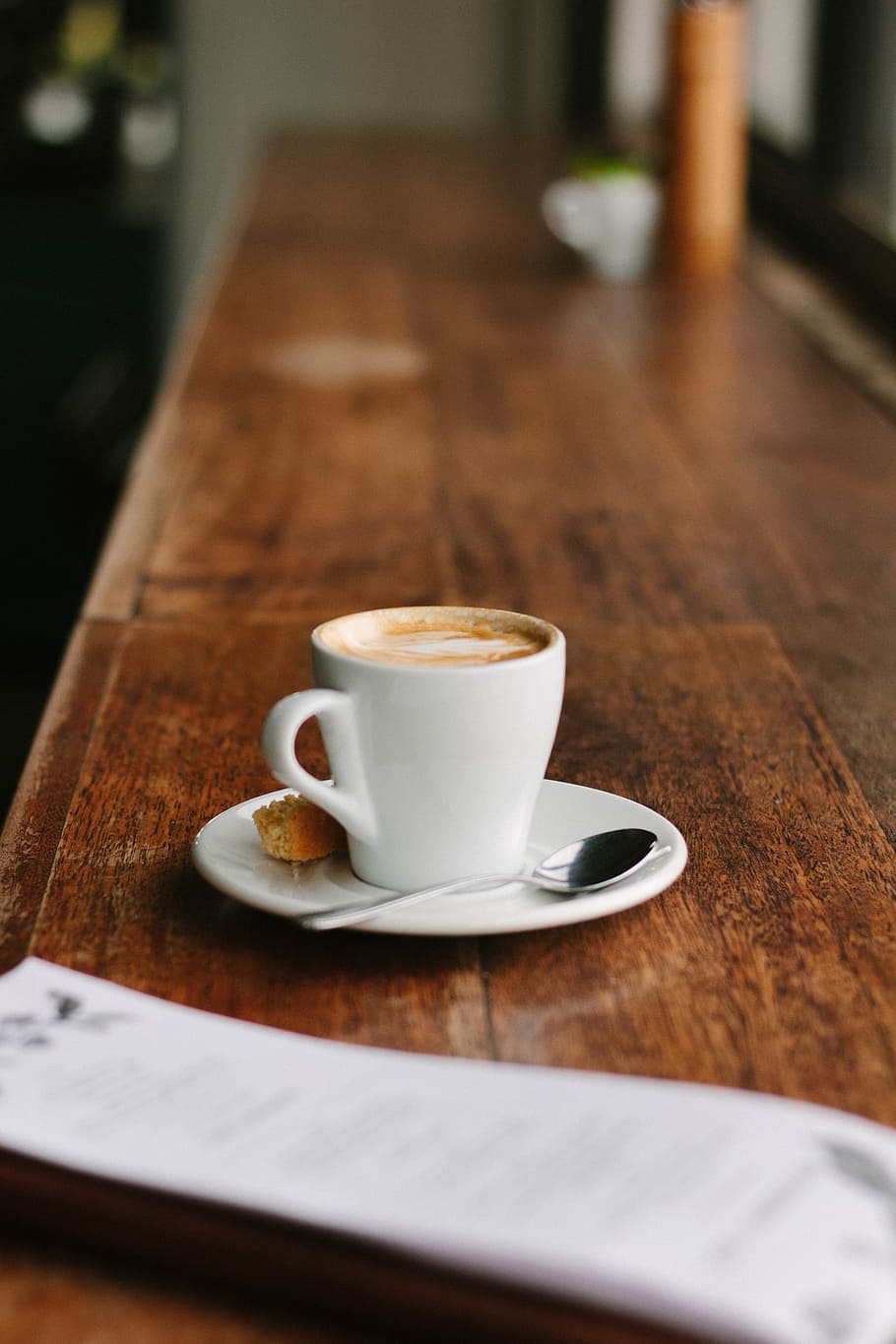 teacup on saucer, white ceramic mug with saucer and spoon on table HD wallpaper