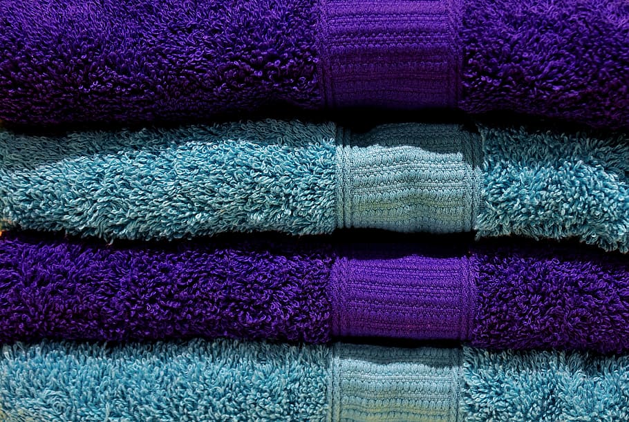 two purple and two teal towels, blue, structure, color, soft HD wallpaper