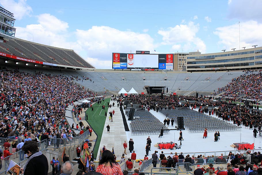 Long View of camp Randall in Madison, Wisconsin, graduation, students