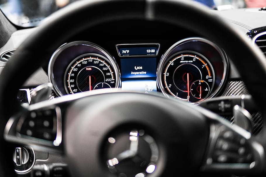 black Mercedes-Benz steering wheel, closeup of vehicle steering wheel HD wallpaper