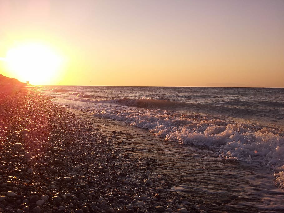 Sunset, Sea, Pebbles, Horizon, Wave, summer, nature, scenics HD wallpaper