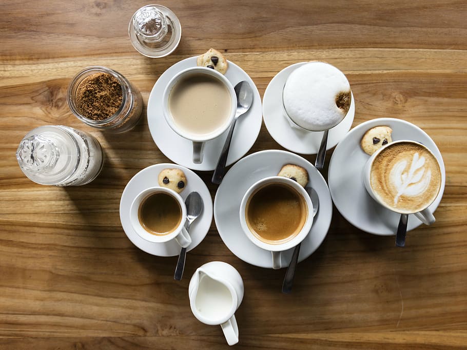 flat-lay photography of latte, pitcher, and jars, cup, mug HD wallpaper