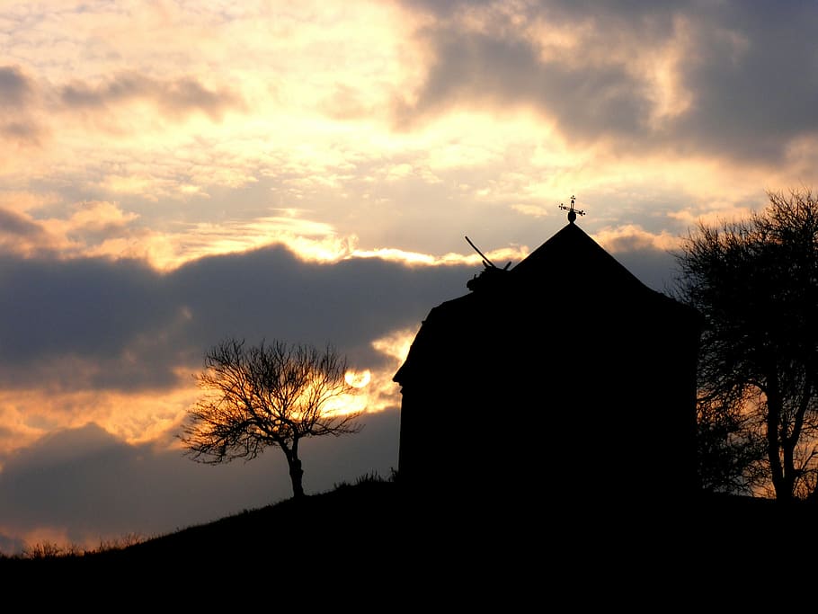 church, sunset, shadow, sky, tree, evening, evening sky, silhouette HD wallpaper