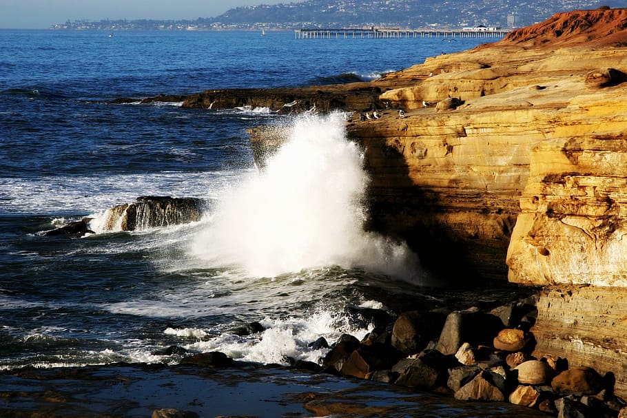 cliffs, beach, sea, water, ocean, shore, seaside, wave, coastline HD wallpaper