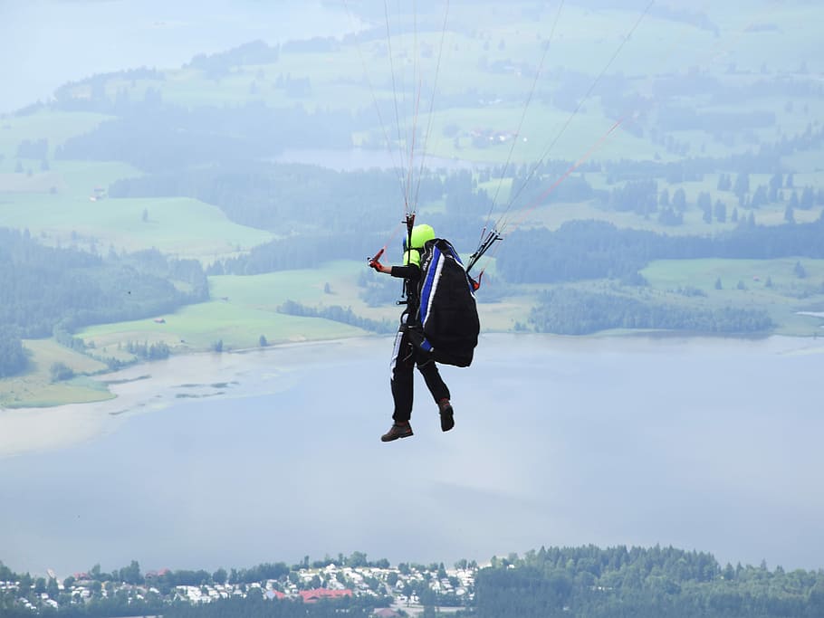 Parashute flying, person paragliding at daytime, float, floating HD wallpaper