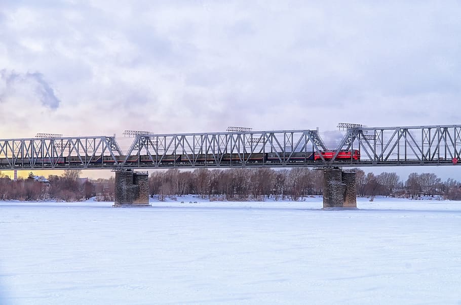 Railway, Bridge, Winter, Ice, Snow, locomotive, train, cold temperature HD wallpaper