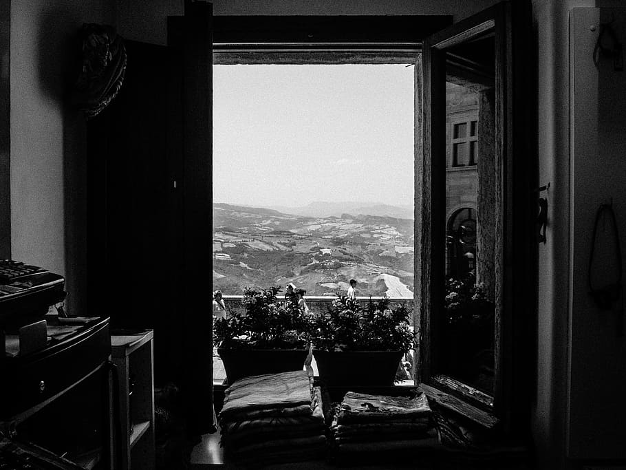 grayscale photography of opened door, grayscale photography of opened window HD wallpaper