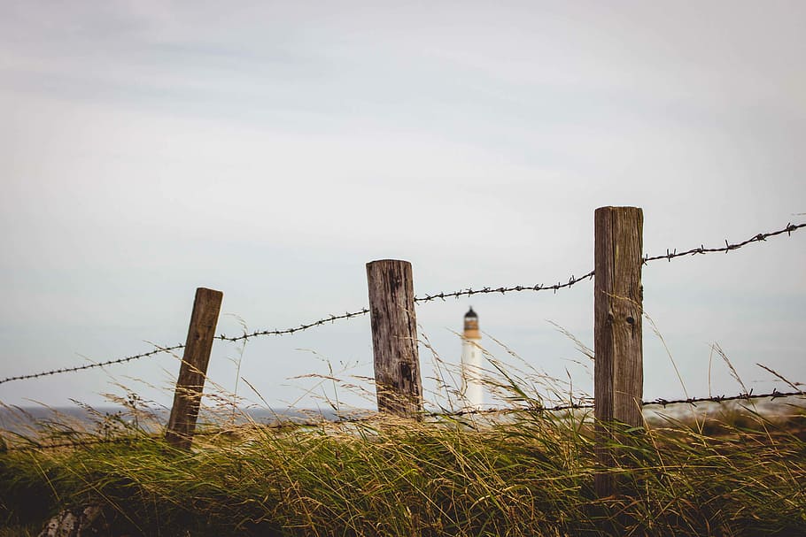 white lighthouse at distance, brown wooden fence under white sky during daytime, HD wallpaper