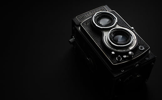 black Rolleiflex camera grayscale photo, black and gray camera with black background HD wallpaper