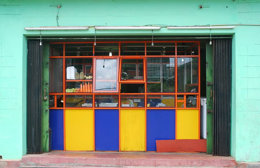 teal concrete store, orange, yellow, and blue store, window, building HD wallpaper