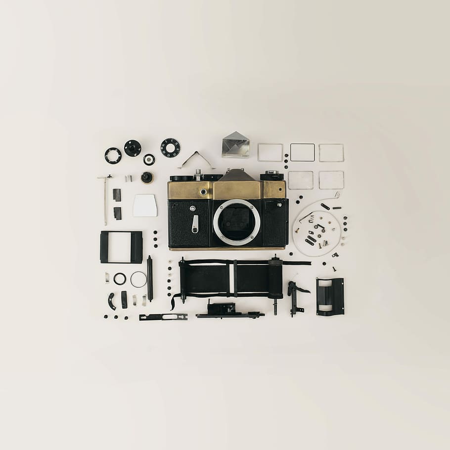 black and gray camera kit, black and brown camera, flatlay, tech, HD wallpaper