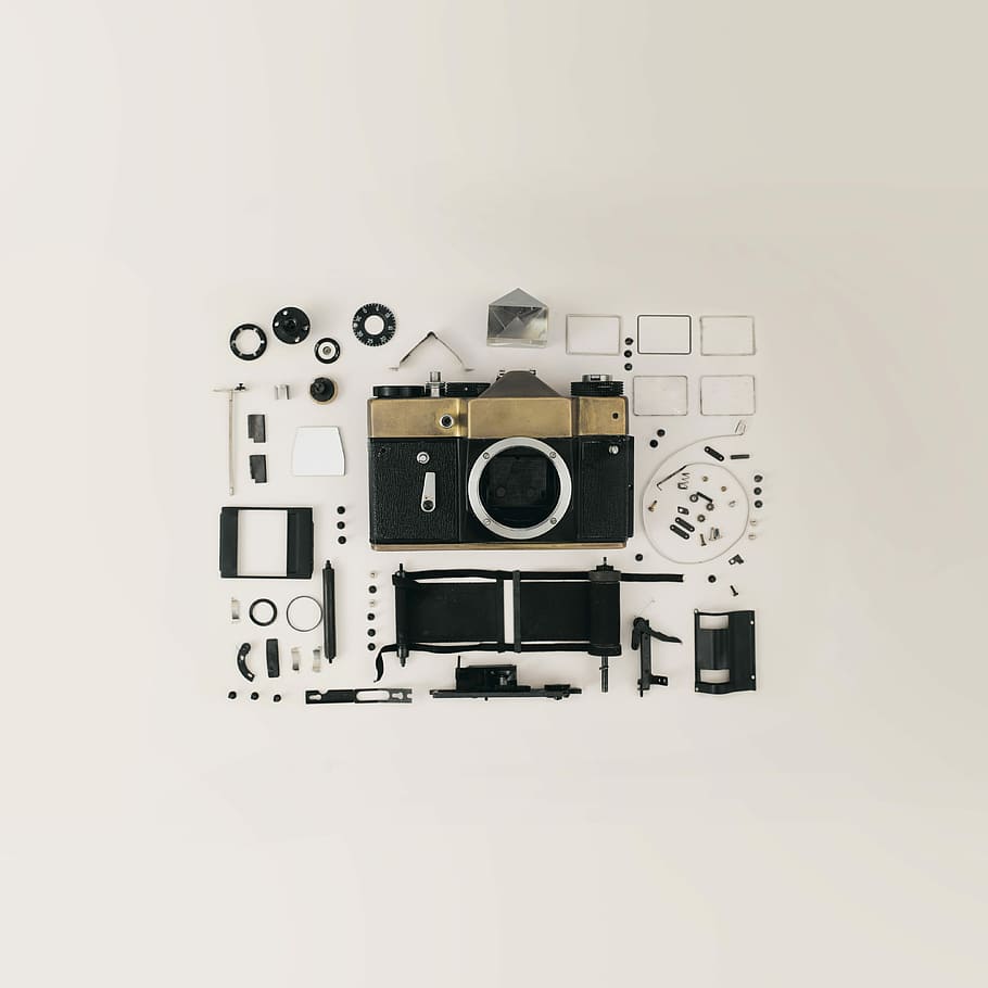 black and gray camera kit, black and brown camera, flatlay, tech HD wallpaper