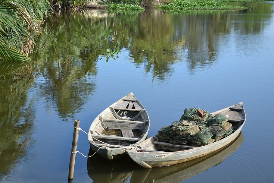 boot, ship, water, lake, palm trees, fischer, fish, wooden boat HD wallpaper