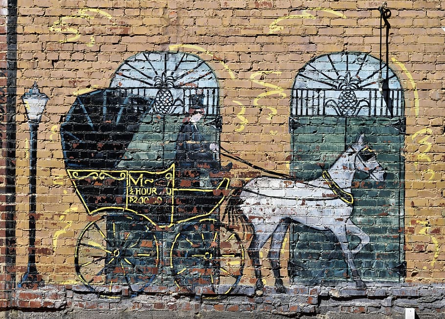 carriage wall paint, wall mural, antique, brick, painting, landmark