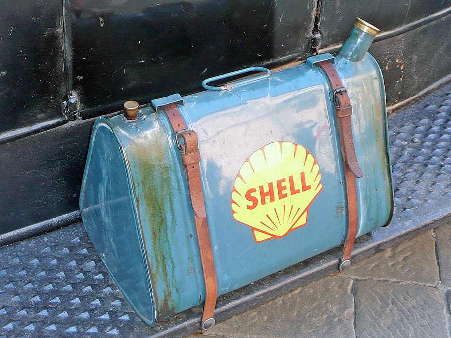 oldtimer, canister, gasoline canister, shell, text, communication, HD wallpaper