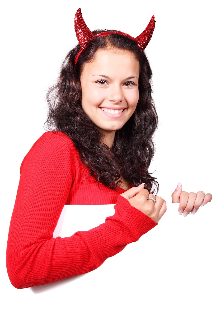 women's red devil hairband costume, Smile, Demon, Board, female HD wallpaper