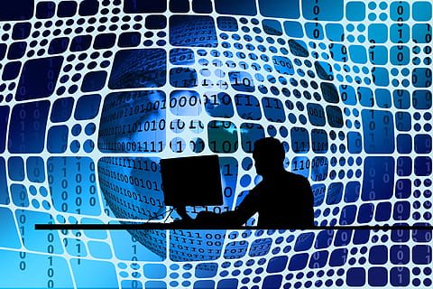 man and computer illustration, silhouette, desk network, networking HD wallpaper
