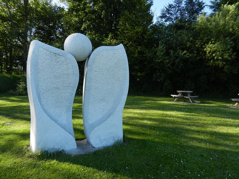 stone, angel, shadow, plant, grass, tree, nature, day, seat HD wallpaper