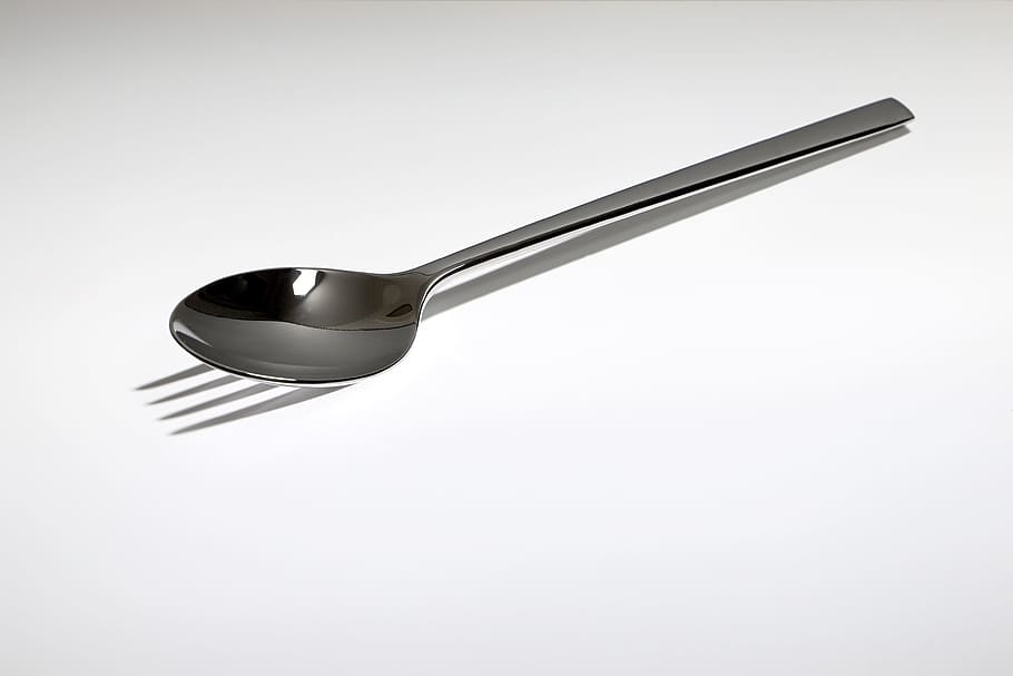 cutlery, steel, fork, spoon, close, high key, hell, isolated