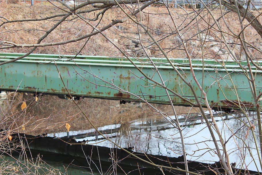 bridge, reflection, river, green, tree, industrial, bare, calm HD wallpaper