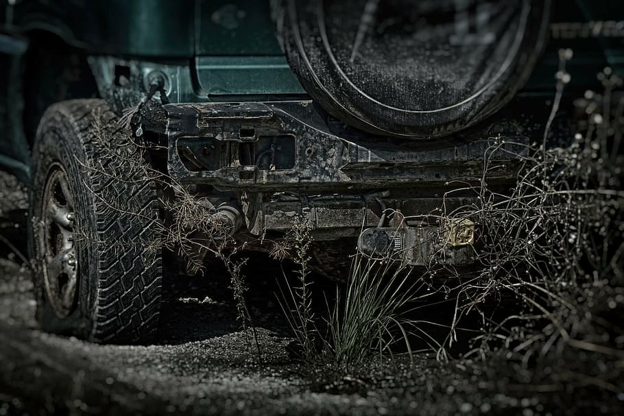 green vehicle beside plant, car, scrap, trash, dark, apocalypse HD wallpaper