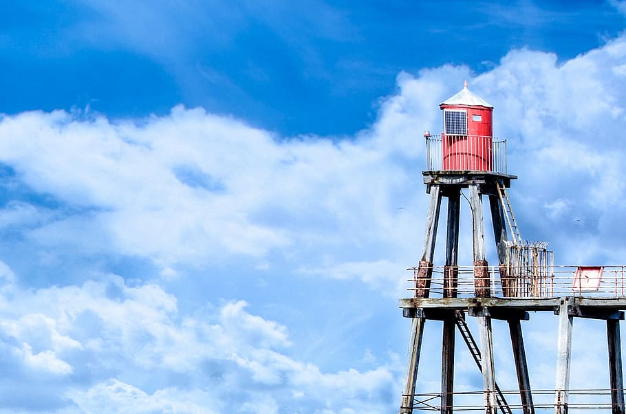 lighthouse, sky, red, blue, sea, lighting, cloud, cloudy, clouds HD wallpaper